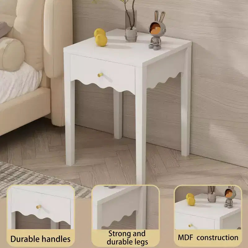 Table de chevet blanche fantaisie Table d'appoint avec tiroir et tablier ondulé – ModernLuxe