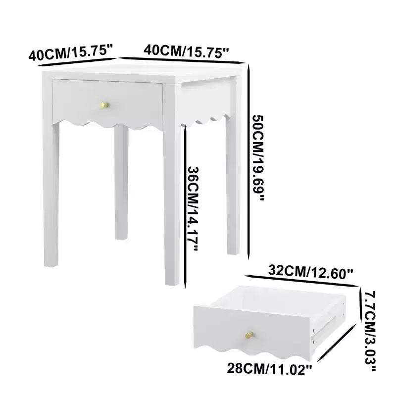 Table de chevet blanche fantaisie Table d'appoint avec tiroir et tablier ondulé – ModernLuxe