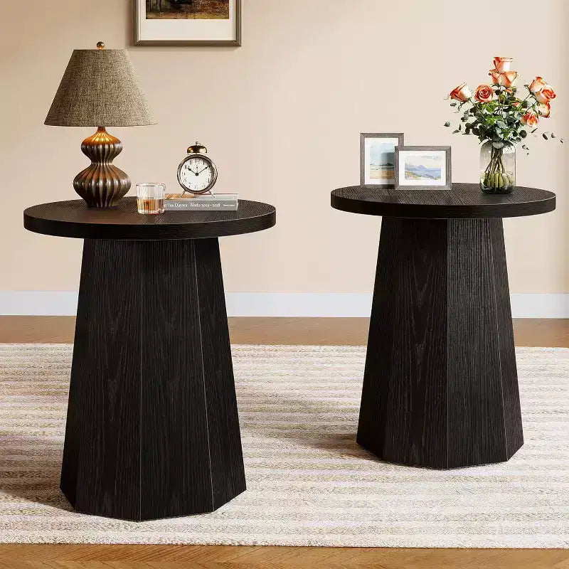 Table d'appoint à piédestal ronde Lantine, table d'appoint de style ferme avec base octogonale, support à boissons en bois, table de chevet d'appoint (1, Noir)