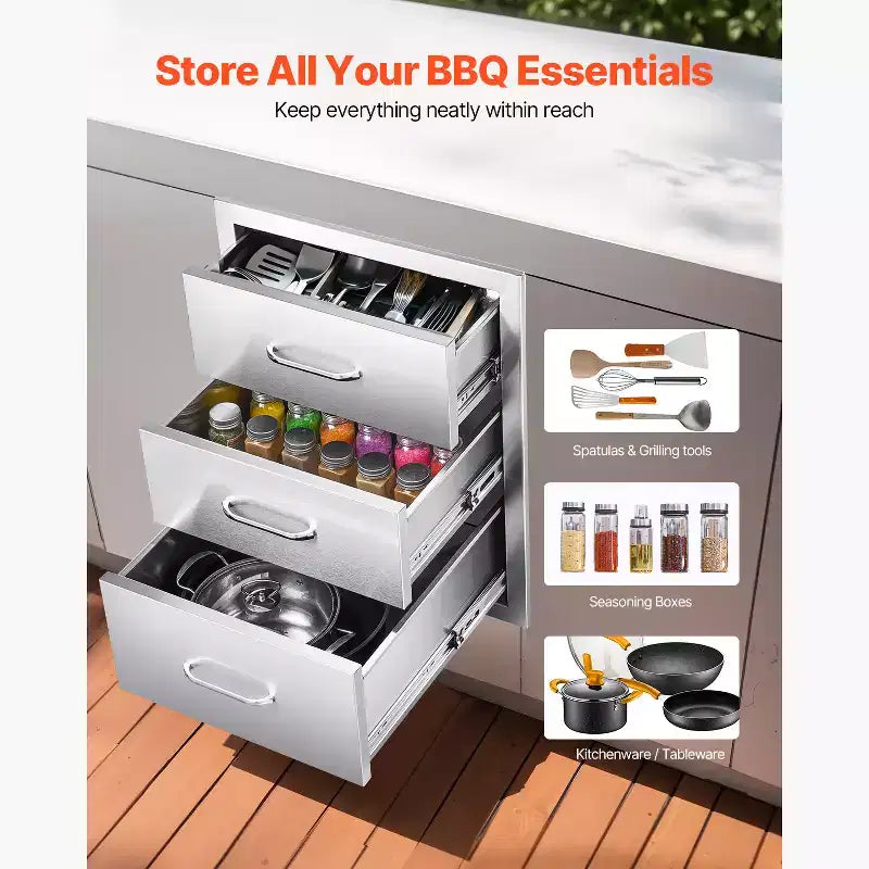 Tiroirs de cuisine d'extérieur VEVOR 18,11 L x 23,23 P x 23,23 H, armoire modulaire à tiroirs en acier inoxydable à triple accès avec poignées, argent