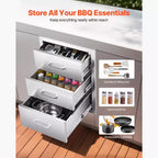 Tiroirs de cuisine d'extérieur VEVOR 18,11 L x 23,23 P x 23,23 H, armoire modulaire à tiroirs en acier inoxydable à triple accès avec poignées, argent