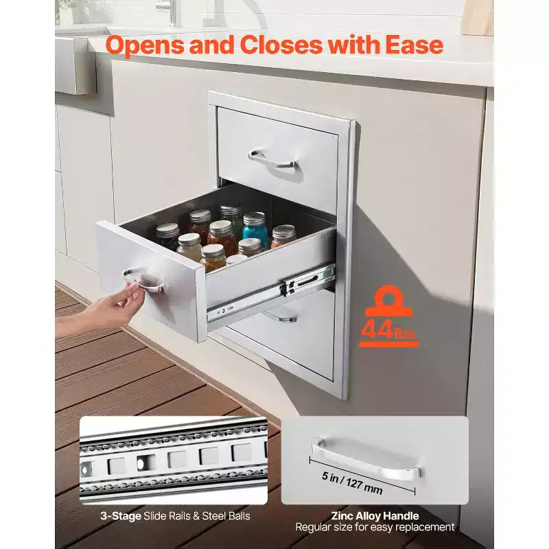 Tiroirs de cuisine d'extérieur VEVOR 18,11 L x 23,23 P x 23,23 H, armoire modulaire à tiroirs en acier inoxydable à triple accès avec poignées, argent