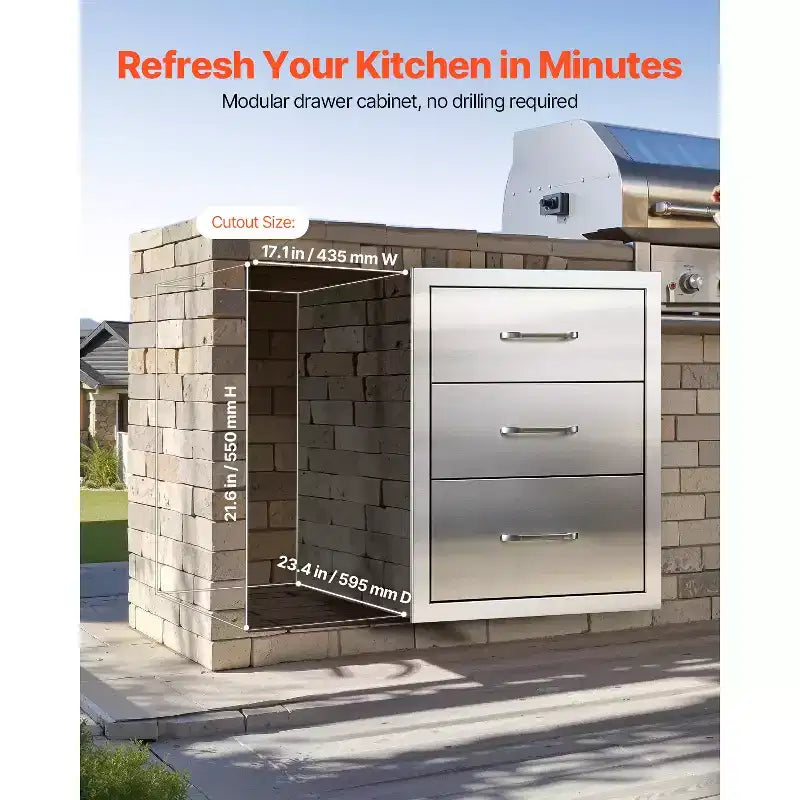 Tiroirs de cuisine d'extérieur VEVOR 18,11 L x 23,23 P x 23,23 H, armoire modulaire à tiroirs en acier inoxydable à triple accès avec poignées, argent