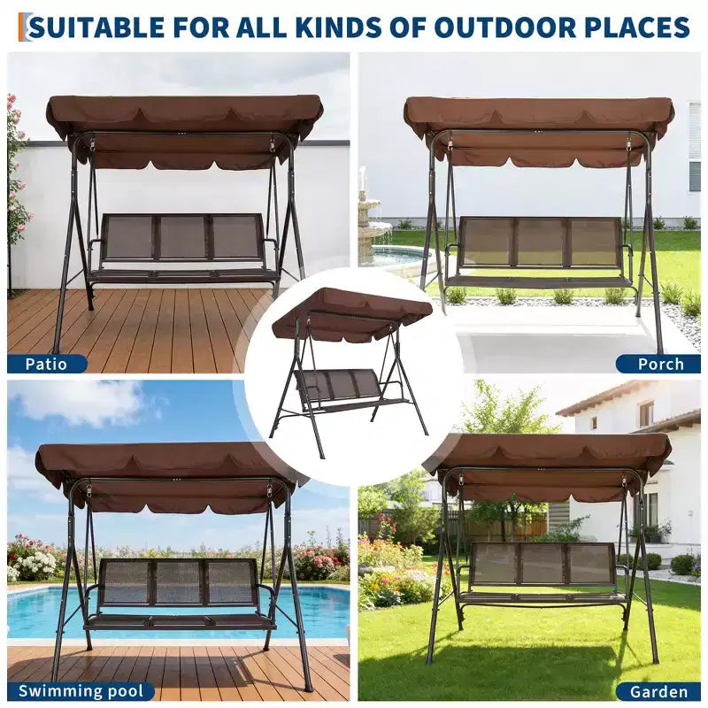 Balançoire de jardin 3 places, avec auvent réglable, cadre en acier robuste, imperméable et résistant aux UV, capacité de 227 kg, pour jardin, cour, pelouse