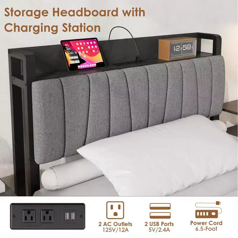 Cadre de lit double avec tête de lit de rangement, plateforme industrielle noire avec grand tiroir et station de recharge, aucun sommier tapissier requis