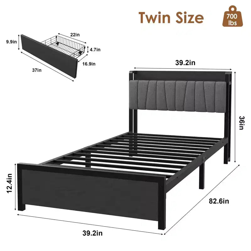 Cadre de lit double avec tête de lit de rangement, plateforme industrielle noire avec grand tiroir et station de recharge, aucun sommier tapissier requis