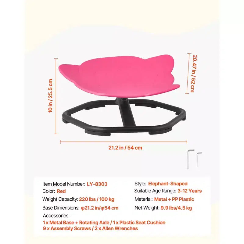 Chaise pivotante VEVOR pour enfants, capacité de 100 kg, chaise sensorielle rotative en forme d'éléphant avec base métallique antidérapante, siège pivotant pour tout-petit, rouge