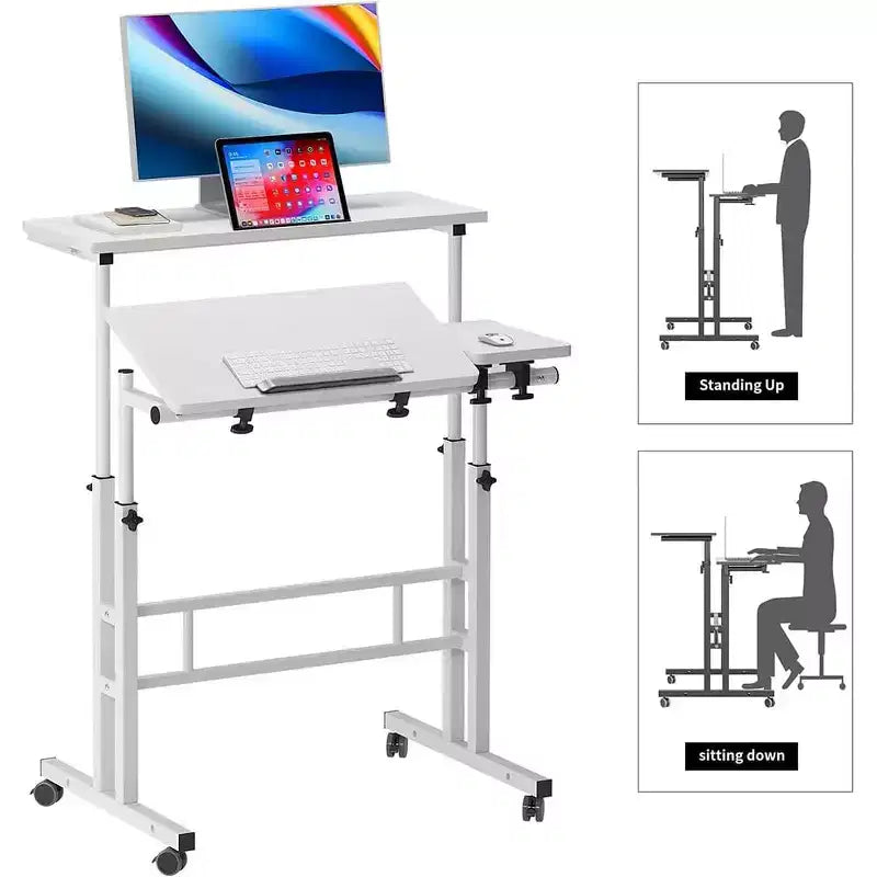 Bureau debout réglable en hauteur COZONY avec roulettes, table d'appoint mobile pour ordinateur portable avec plateau inclinable