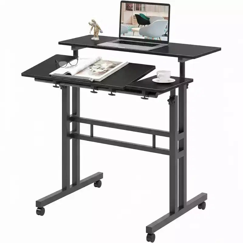 Bureau debout réglable en hauteur COZONY avec roulettes, table d'appoint mobile pour ordinateur portable avec plateau inclinable