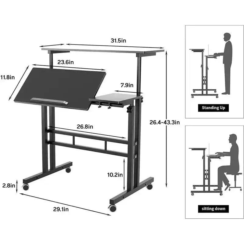 Bureau debout réglable en hauteur COZONY avec roulettes, table d'appoint mobile pour ordinateur portable avec plateau inclinable