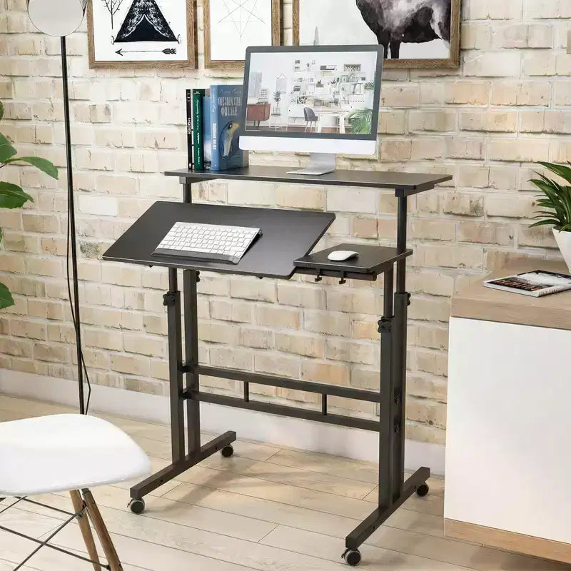 Bureau debout réglable en hauteur COZONY avec roulettes, table d'appoint mobile pour ordinateur portable avec plateau inclinable