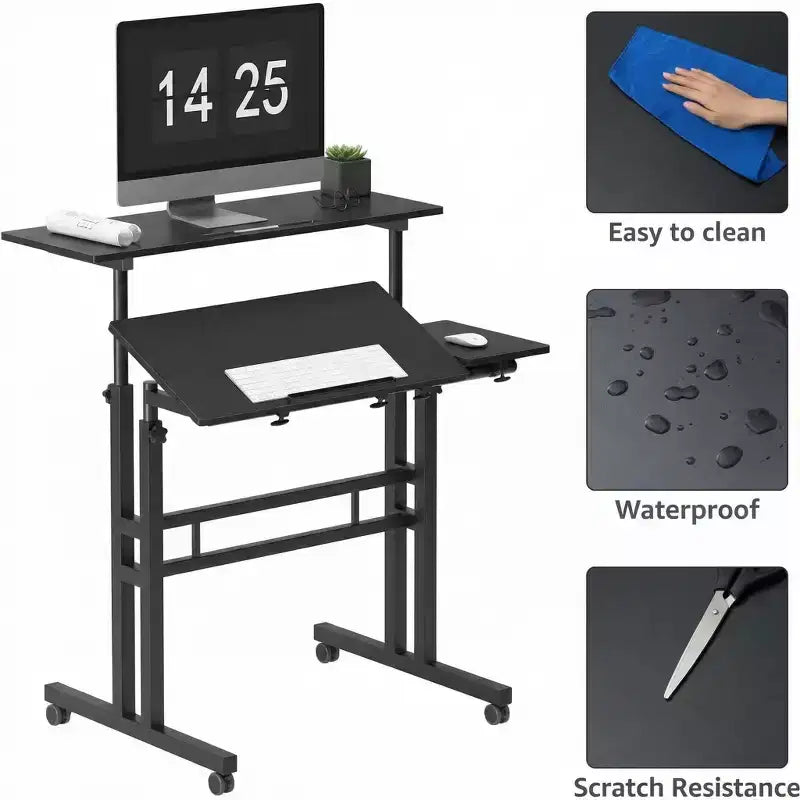 Bureau debout réglable en hauteur COZONY avec roulettes, table d'appoint mobile pour ordinateur portable avec plateau inclinable