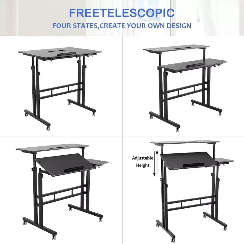 Bureau debout réglable en hauteur COZONY avec roulettes, table d'appoint mobile pour ordinateur portable avec plateau inclinable