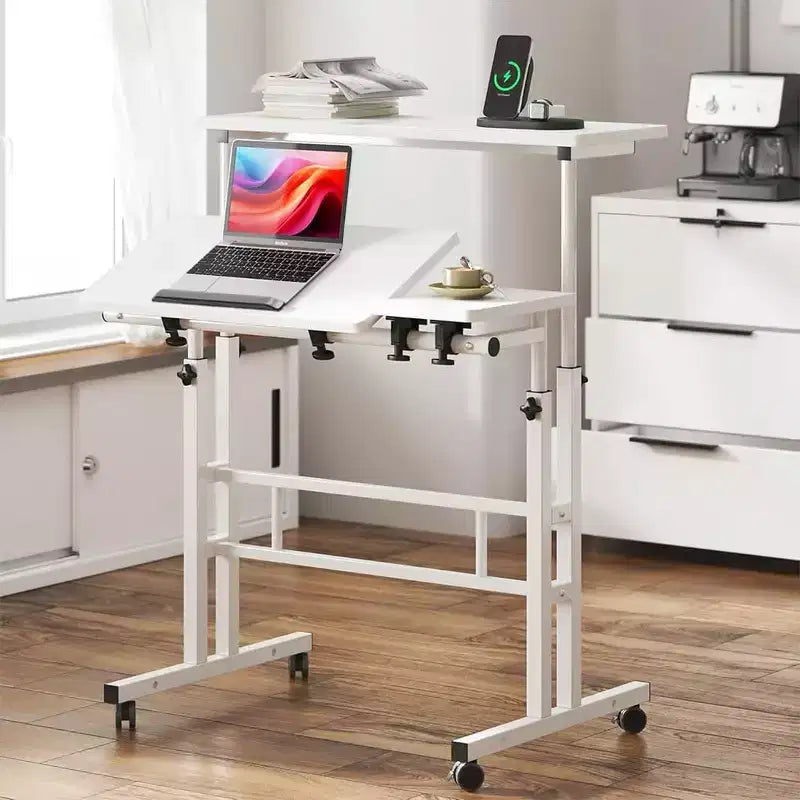 Bureau debout réglable en hauteur COZONY avec roulettes, table d'appoint mobile pour ordinateur portable avec plateau inclinable