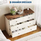 Commode à 6 tiroirs pour chambre à coucher, meuble horizontal avec panneaux cannelés, rangement peu encombrant pour vêtements, blanc/marron