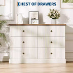 Commode à 6 tiroirs pour chambre à coucher, meuble horizontal avec panneaux cannelés, rangement peu encombrant pour vêtements, blanc/marron