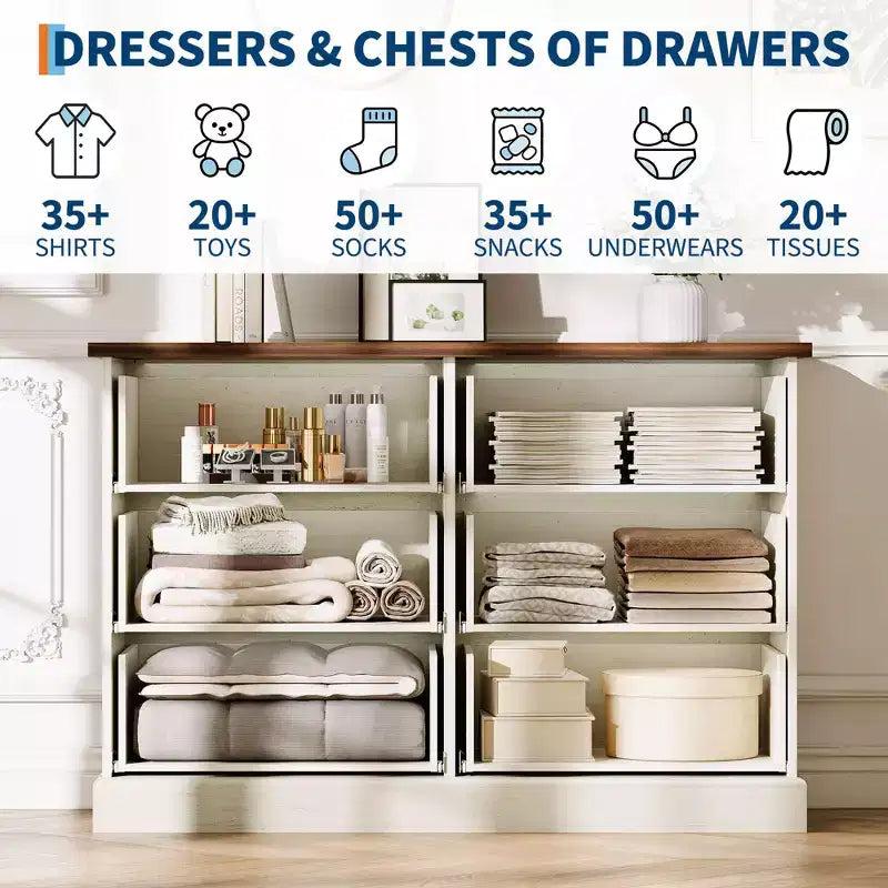 Commode à 6 tiroirs pour chambre à coucher, meuble horizontal avec panneaux cannelés, rangement peu encombrant pour vêtements, blanc/marron