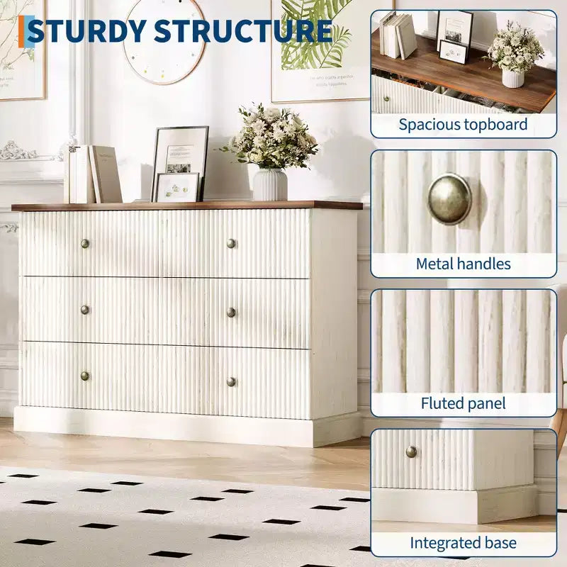 Commode à 6 tiroirs pour chambre à coucher, meuble horizontal avec panneaux cannelés, rangement peu encombrant pour vêtements, blanc/marron