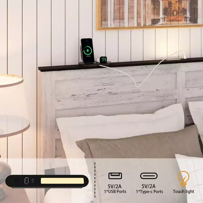 Lit plateforme double/grand lit avec tête de lit de rangement rembourrée, cadre de lit plateforme en bois avec station de recharge et lumières LED