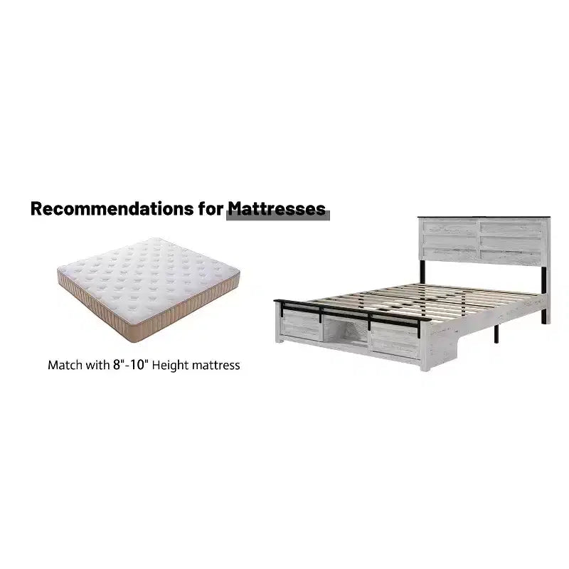 Lit plateforme double/grand lit avec tête de lit de rangement rembourrée, cadre de lit plateforme en bois avec station de recharge et lumières LED