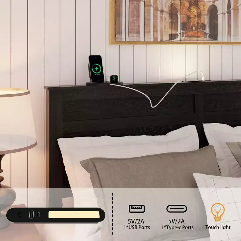 Lit plateforme double/grand lit avec tête de lit de rangement rembourrée, cadre de lit plateforme en bois avec station de recharge et lumières LED
