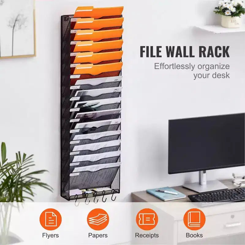 Organisateur de documents mural en maille à 16 poches pour bureau et maison - Range-documents métallique
