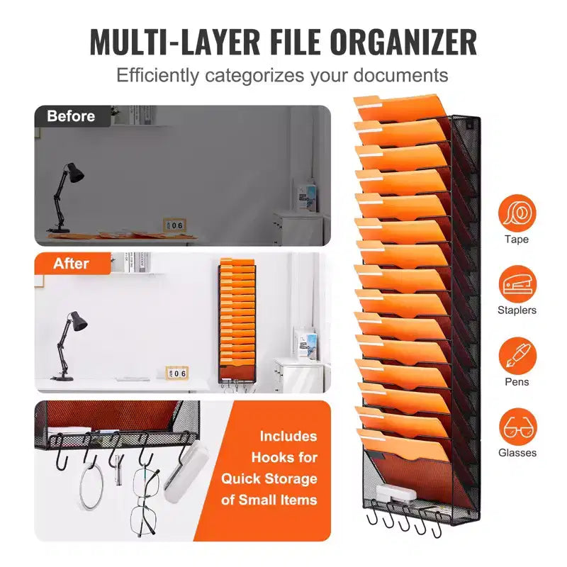 Organisateur de documents mural en maille à 16 poches pour bureau et maison - Range-documents métallique