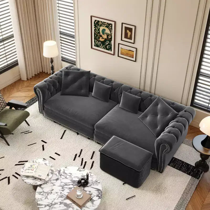 Canapé-lit Chesterfield 3-en-1, Canapé convertible King Size avec méridienne et pouf mobile, Canapé 3 places touffeté en velours, Gris anthracite