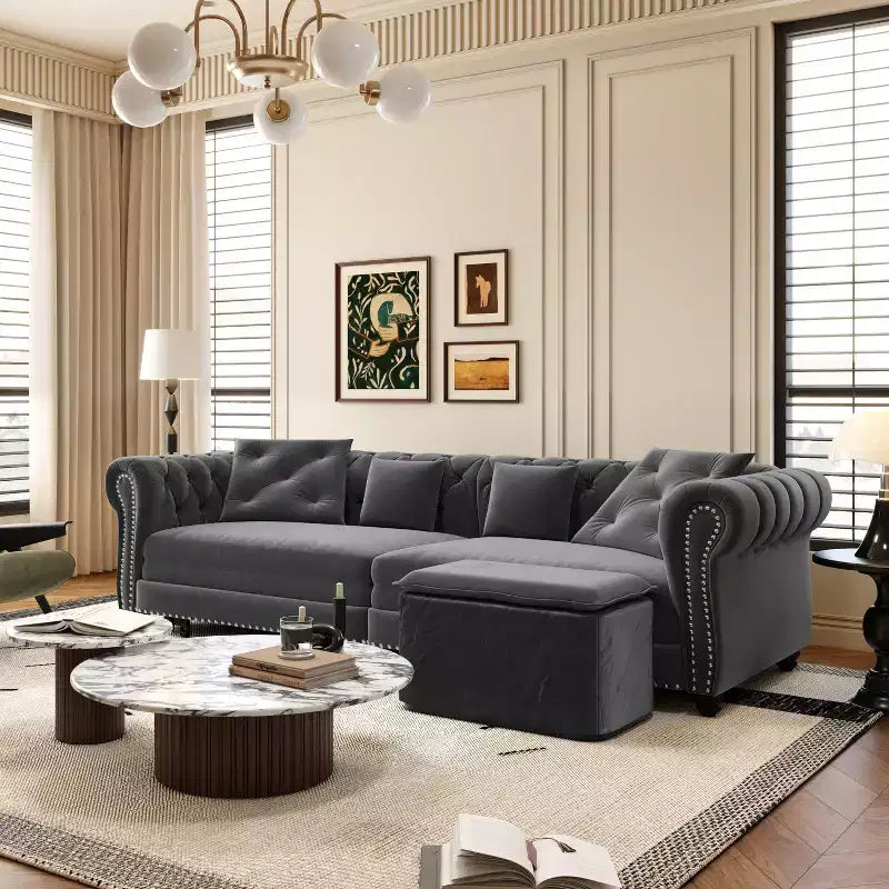 Canapé-lit Chesterfield 3-en-1, Canapé convertible King Size avec méridienne et pouf mobile, Canapé 3 places touffeté en velours, Gris anthracite