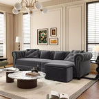 Canapé-lit Chesterfield 3-en-1, Canapé convertible King Size avec méridienne et pouf mobile, Canapé 3 places touffeté en velours, Gris anthracite
