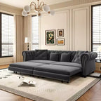 Canapé-lit Chesterfield 3-en-1, Canapé convertible King Size avec méridienne et pouf mobile, Canapé 3 places touffeté en velours, Gris anthracite