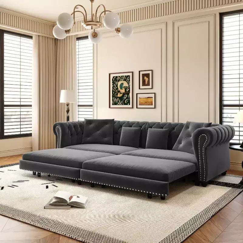 Canapé-lit Chesterfield 3-en-1, Canapé convertible King Size avec méridienne et pouf mobile, Canapé 3 places touffeté en velours, Gris anthracite