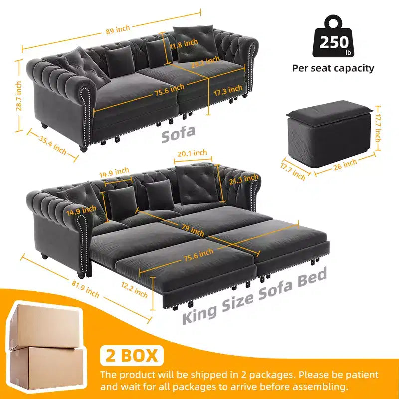 Canapé-lit Chesterfield 3-en-1, Canapé convertible King Size avec méridienne et pouf mobile, Canapé 3 places touffeté en velours, Gris anthracite
