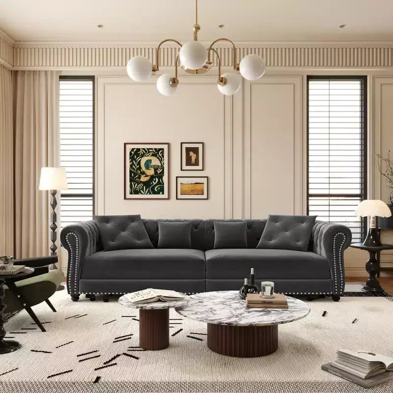 Canapé-lit Chesterfield 3-en-1, Canapé convertible King Size avec méridienne et pouf mobile, Canapé 3 places touffeté en velours, Gris anthracite