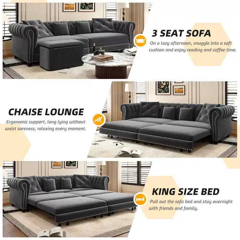 Canapé-lit Chesterfield 3-en-1, Canapé convertible King Size avec méridienne et pouf mobile, Canapé 3 places touffeté en velours, Gris anthracite