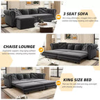 Canapé-lit Chesterfield 3-en-1, Canapé convertible King Size avec méridienne et pouf mobile, Canapé 3 places touffeté en velours, Gris anthracite