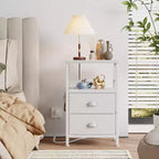 Lot de 2 tables de chevet avec station de charge et ports USB, tables d'appoint de chevet modernes avec 2 tiroirs en tissu et étagères de rangement, tables de bout, chambre à coucher, blanc