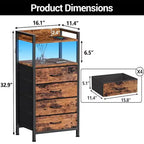 Table de chevet haute moderne avec lumières LED - 4 tiroirs en tissu, étagère supérieure, cadre en acier, meuble étroit pour chambre, dortoir, table d'appoint de canapé dans le couloir