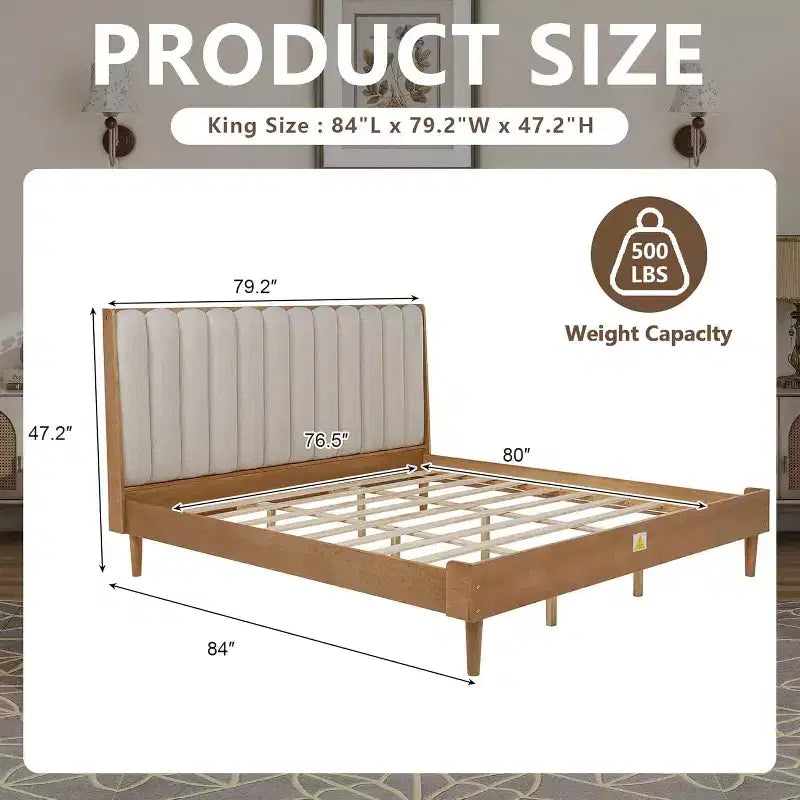Lit plateforme double Zevemomo en bois avec tête de lit capitonnée de style touche de piano, cadre renforcé, aucun sommier tapissier requis, blé