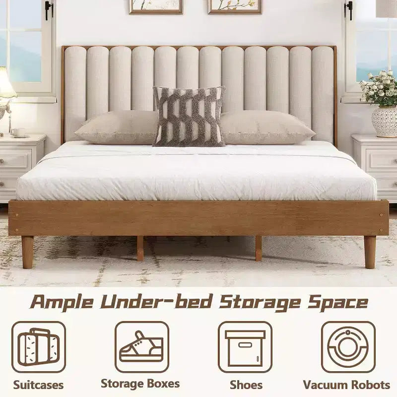 Lit plateforme double Zevemomo en bois avec tête de lit capitonnée de style touche de piano, cadre renforcé, aucun sommier tapissier requis, blé