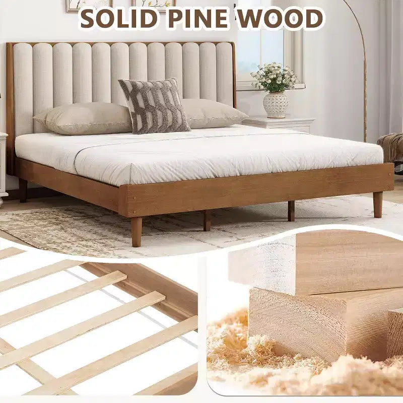Lit plateforme double Zevemomo en bois avec tête de lit capitonnée de style touche de piano, cadre renforcé, aucun sommier tapissier requis, blé
