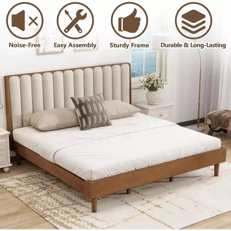 Lit plateforme double Zevemomo en bois avec tête de lit capitonnée de style touche de piano, cadre renforcé, aucun sommier tapissier requis, blé