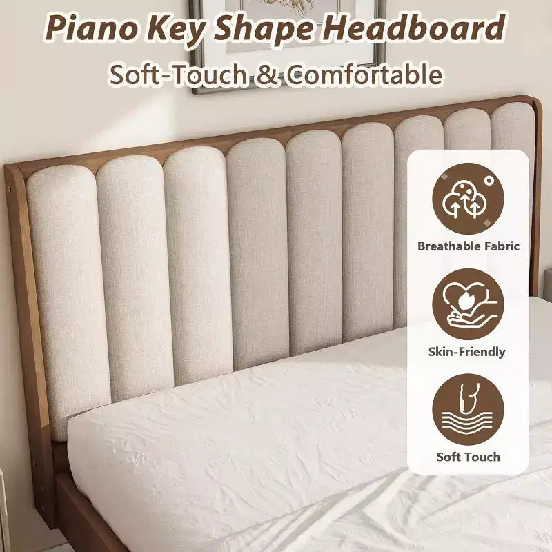 Lit plateforme double Zevemomo en bois avec tête de lit capitonnée de style touche de piano, cadre renforcé, aucun sommier tapissier requis, blé