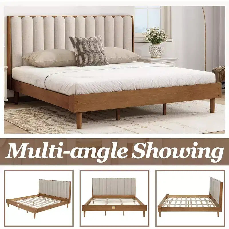 Lit plateforme double Zevemomo en bois avec tête de lit capitonnée de style touche de piano, cadre renforcé, aucun sommier tapissier requis, blé