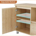 Meuble TV en rotin bohème (compatible avec les TV de 70") avec étagère réglable et tiroir, console média couleur chêne pour salon et chambre