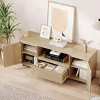 Meuble TV en rotin bohème (compatible avec les TV de 70") avec étagère réglable et tiroir, console média couleur chêne pour salon et chambre