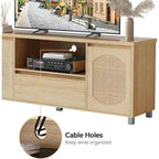 Meuble TV en rotin bohème (compatible avec les TV de 70") avec étagère réglable et tiroir, console média couleur chêne pour salon et chambre