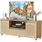 Meuble TV en rotin bohème (compatible avec les TV de 70") avec étagère réglable et tiroir, console média couleur chêne pour salon et chambre