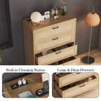 COZONY Commode haute en rotin de 80 cm avec 5 tiroirs, commode de rangement en bois avec large plateau pour chambre à coucher et entrée