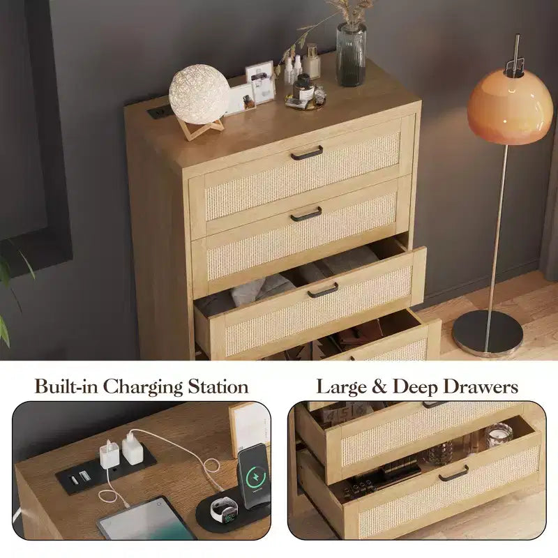 COZONY Commode haute en rotin de 80 cm avec 5 tiroirs, commode de rangement en bois avec large plateau pour chambre à coucher et entrée